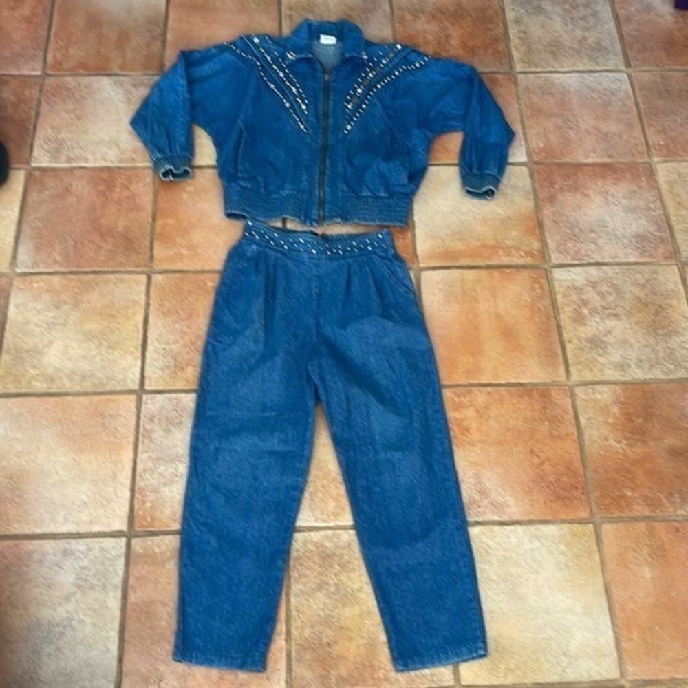 Amazing vintage, bejeweled denim two-piece set by Rio Inc.